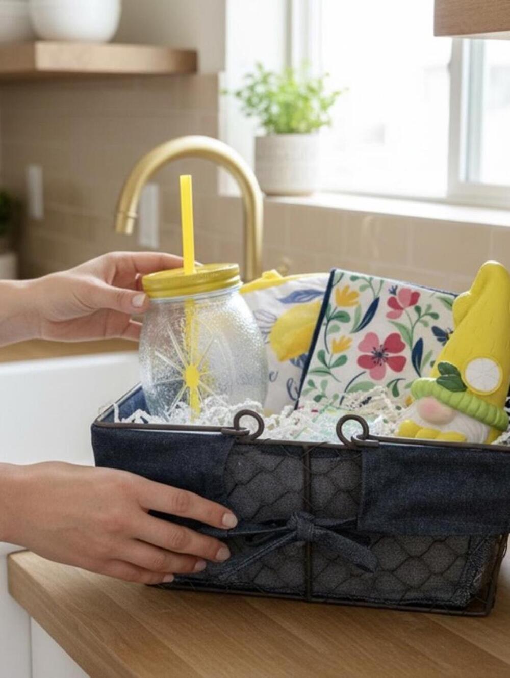 Lemon Gnome Kitchen Gift Basket Farmhouse Decor Glass Tumbler Towel Pot Holder